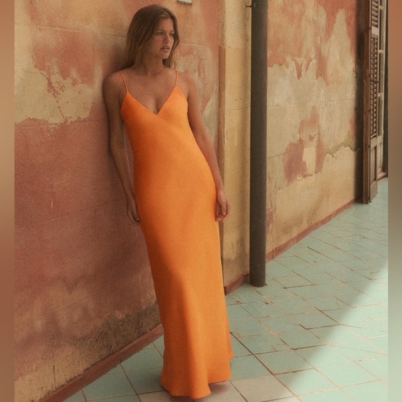 NWT ZARA ORANGE SATIN MIDI DRESS SIZE L - Picture 6 of 17